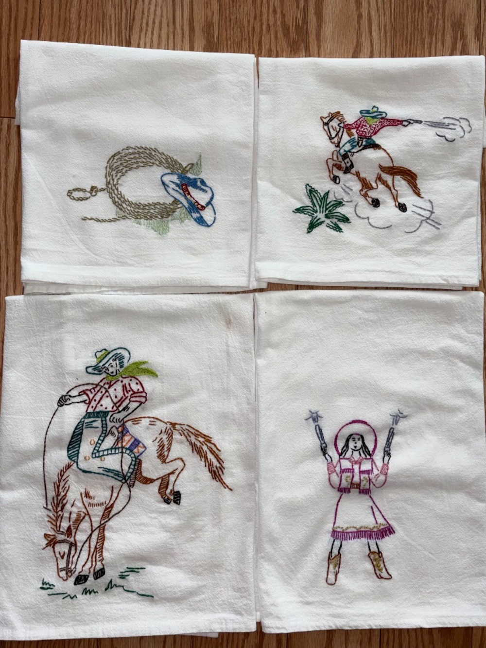 Set of 4 Hand Embroidered Four Sack Towels, Western Cowboy Theme